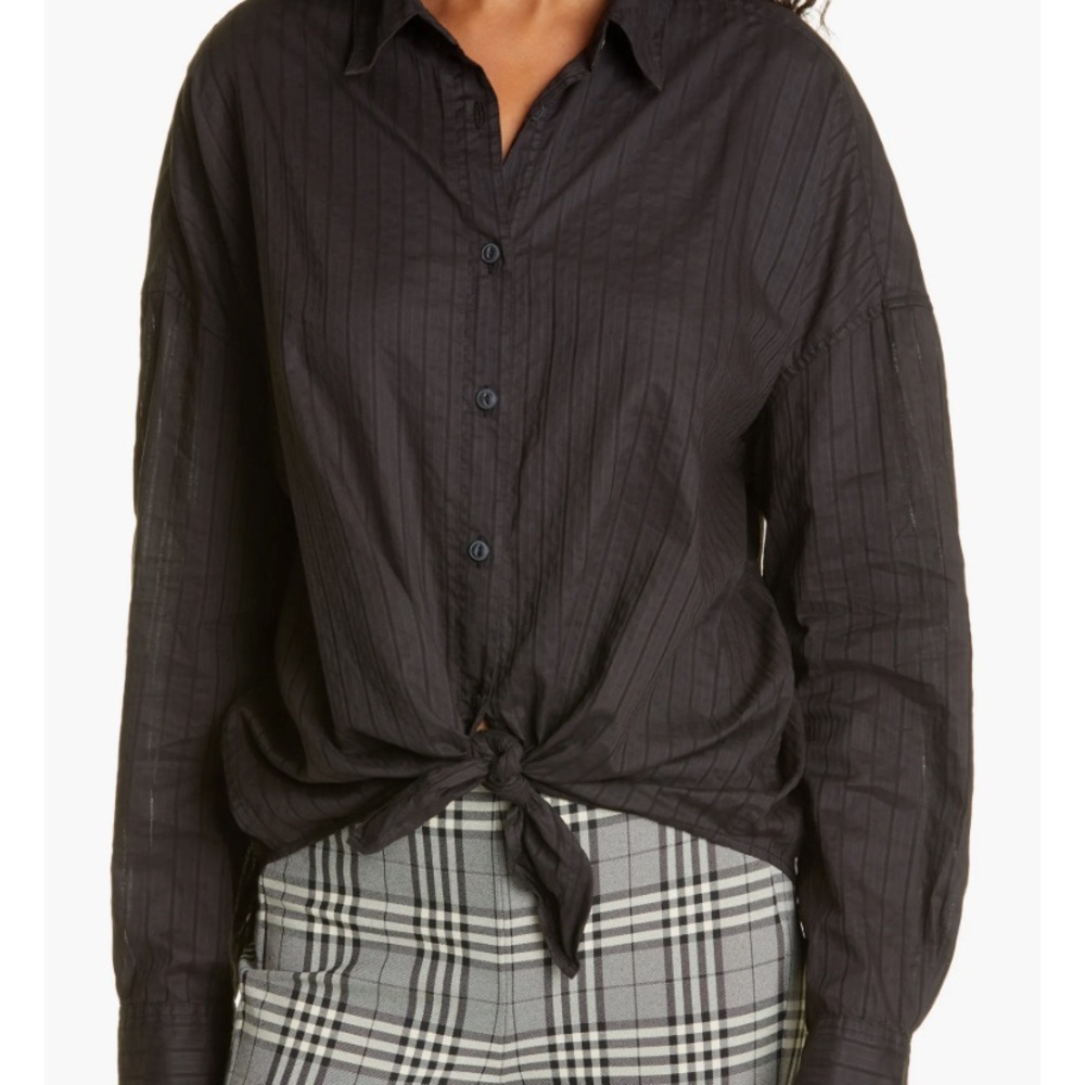 Rag & Bone Black Textured Stripe Tie Front Cotton
Button-Up Shirt Small